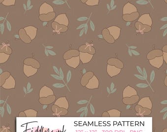 Papel digital con diseño sin costuras de bellotas de bosque y lazos rosas para tela, transferencias y uso en pequeñas empresas.