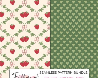 Naadloos patroonpakket met aardbeienstrikjes en klimrek | Cottagecore aardbeienstof en digitaal papier met groene hartjes voor kleine bedrijven