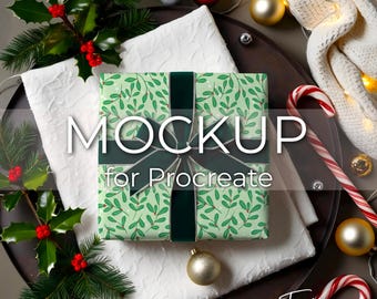 Mockup di scatola regalo di Natale Procreate / Scena di carta da regalo per le feste per motivi, opere d'arte, esposizione del marchio, modello di vetrina di prodotti digitali