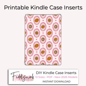May include: Printable Kindle case insert with a pink background and a repeating pattern of oval frames with bread and floral designs. The text "Printable Kindle Case Inserts" is at the top. The bottom text reads "DIY Kindle Case Inserts" and "Instant Download".