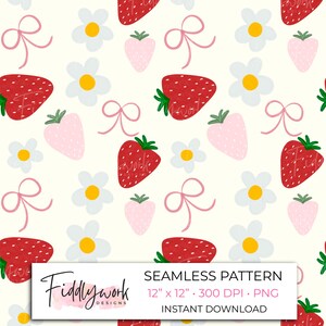 Strawberry & Bow Seamless Pattern | Cute Floral Digital Paper Cottagecore Design for Fabric Crafts Sublimation PNG Coquette Surface Pattern