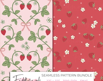 Naadloos patroonpakket met aardbeienhartjes en ranken | Cottagecore aardbeienstof, schattig aardbeienbloemenpatroon, digitaal papier voor kleine bedrijven