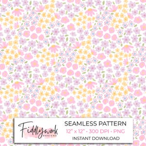 Puede incluir: Patrón floral sin costuras con una densa disposición de flores rosas, amarillas y moradas sobre un fondo blanco. El diseño incluye varias formas de flores y hojas verdes. Se muestra el texto "SEAMLESS PATTERN 12" x 12" • 300 DPI • PNG INSTANT DOWNLOAD".