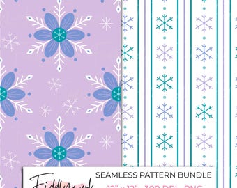 Naadloos patroonpakket met winterse bloemen en sneeuwvlokken | Paars, speels digitaal winterpapier voor textiel en kleine bedrijven