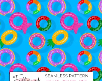 May include: A seamless pattern featuring a variety of colorful inflatable pool floats, including a watermelon, pineapple, donut, and mermaid tail. The floats are arranged on a bright blue background.
