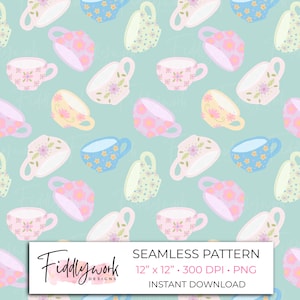 Teacup Seamless Pattern Teal Background | Pastel Floral Digital Paper for Tea Party Crafts Fabric Scrapbooking Mother’s Day Digital File