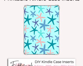 May include: A Kindle case insert featuring a light blue backdrop adorned with starfish in teal, blue, and coral hues. The top text reads "Printable Kindle Case Inserts". The bottom text says "DIY Kindle Case Inserts" and "Instant Download".