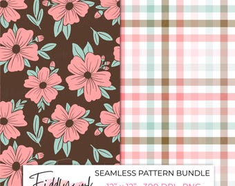 Bundel met roze bloemen en geruite naadloze patronen | Digitaal digitaal papier met bloemenprint voor stof en kleine bedrijven