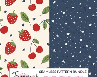 Paquete de patrones sin costuras de fresa y cereza americana / Papel digital Cottagecore de frutas de verano para telas y pequeñas empresas