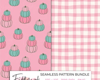 Roze pompoen naadloze patroonbundel | Ginghamblender + grillig herfstpompoenontwerp voor quilten, kinderen, kleine bedrijven