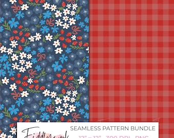 Paquete de estampados florales y a cuadros sin costuras / Papel digital clásico de verano americano para tela, transferencias, uso personal y en pequeñas empresas