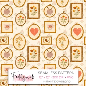 May include: Seamless pattern featuring framed embroidery designs of flowers, hearts, birds, yarn, and coffee cups. The pattern is set against a cream background with small pink floral accents. The design includes the text "Seamless Pattern" and "Instant Download".