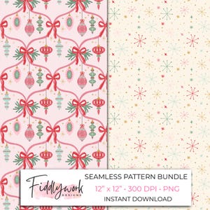 May include: A seamless pattern bundle featuring two designs. The left side shows pink, red, and green Christmas ornaments with bows on a light pink background. The right side displays a starburst pattern in red, green, and gold on cream.