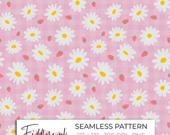 Patrón de cuadros escoceses sin costuras de margaritas y fresas / Papel digital veraniego para tela, transferencias, uso personal y para pequeñas empresas PNG