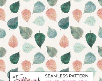 Watercolor Leaves Seamless Pattern | Green and Pink Digital Paper Gold Accents Leaf Surface Pattern Botanical Background PNG Home Decor