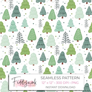 May include: A seamless pattern featuring various illustrated evergreen trees in shades of green and teal on a white background with small green dots. A white rectangular label at the bottom displays the text Fiddlywork DESIGNS SEAMLESS PATTERN 12" x 12" 300 DPI PNG INSTANT DOWNLOAD.