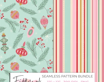 Bundel met vintage kerstgrenen en ornament naadloze patroon | Retro digitaal vakantiepapier voor stoffen en kleine bedrijven