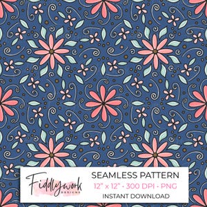 May include: A seamless pattern featuring pink and blue flowers on a dark blue background. The pattern is 12 inches by 12 inches and 300 DPI. It is a PNG file and is available for instant download.