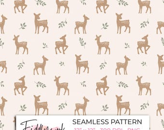 Papel digital neutro con estampado de cervatillo de bosque para telas, mantas de bebé y uso en pequeñas empresas.