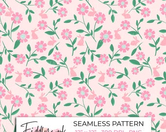 Frühlings-Häschen-nahtlose Blumenmuster | Skurriles Oster-Digital-Papier für Stoff, Transfers, persönlichen und geschäftlichen Gebrauch
