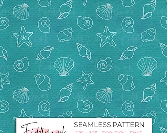 Papel digital playero con patrón de conchas marinas sin costuras para tela, transferencias y uso personal y comercial. PNG