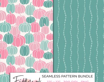 Roze pompoen naadloze patroonbundel | Blauwgroen streepmixer + grillige herfstpompoenprint voor stof, kinderen, klein zakelijk gebruik