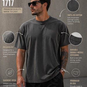 May include: Dark gray Comfort Colors 1717 t-shirt. Features include relaxed fit, garment-dyed, and durable double-needle stitching. Made with 100% US cotton. The shirt is produced in the USA. The text "PREMIUM QUALITY, MADE TO LAST" is visible.