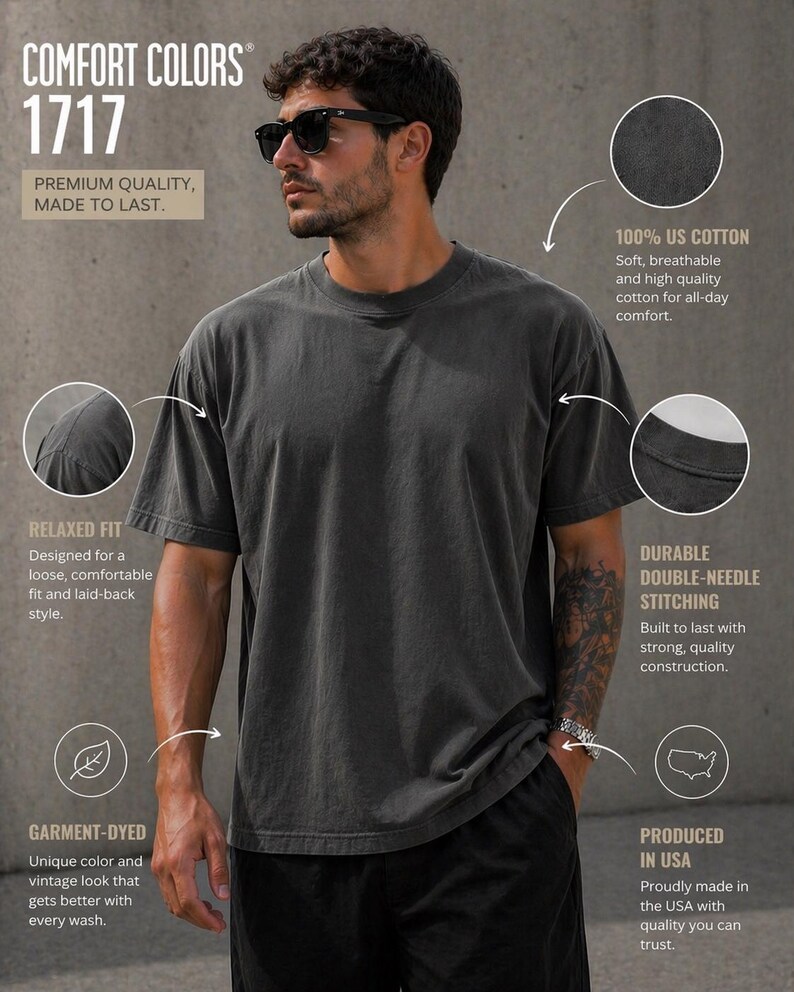 May include: Dark gray Comfort Colors 1717 t-shirt. Features include relaxed fit, garment-dyed, and durable double-needle stitching. Made with 100% US cotton. The shirt is produced in the USA. The text "PREMIUM QUALITY, MADE TO LAST" is visible.