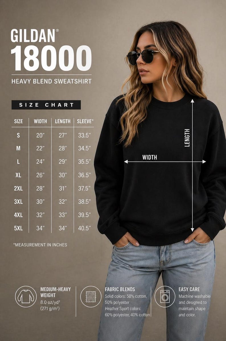 Pu&ograve; includere: Felpa nera Gildan 18000 heavy blend. La tabella delle taglie mostra le misure in pollici, con una larghezza di 51 cm e una lunghezza di 69 cm per la taglia S. Il tessuto &egrave; un misto di cotone e poliestere di peso medio.