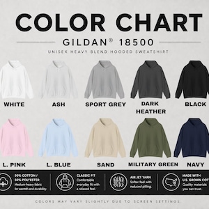 Pu&ograve; includere: Tabella colori delle felpe con cappuccio unisex Gildan 18500 in misto pesante, disponibili in vari colori: bianco, cenere, grigio sport, grigio scuro m&eacute;lange, nero, rosa chiaro, azzurro, sabbia, verde militare e blu navy. Dettagli del tessuto inclusi.