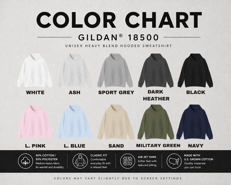 Pu&ograve; includere: Tabella colori delle felpe con cappuccio unisex Gildan 18500 in misto pesante, disponibili in vari colori: bianco, cenere, grigio sport, grigio scuro m&eacute;lange, nero, rosa chiaro, azzurro, sabbia, verde militare e blu navy. Dettagli del tessuto inclusi.