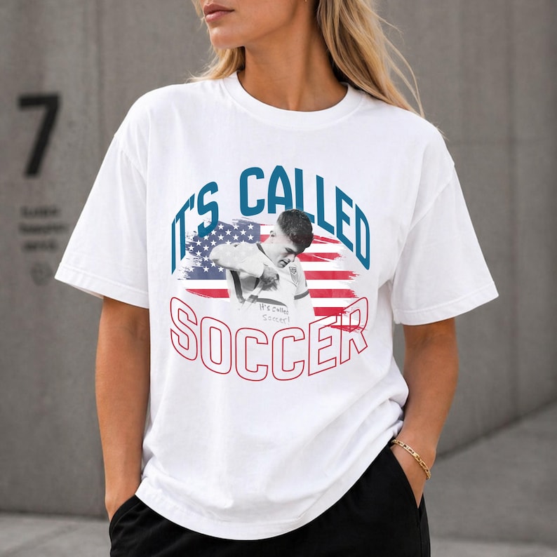 White women’s soccer shirt with USA flag graphic, 2026 soccer fan outfit, casual oversized fit