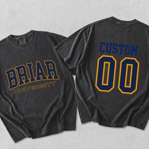 May include: A charcoal gray short-sleeve t-shirt featuring the text BRIAR UNIVERSITY in navy blue with gold outlines on the front. The back displays the word CUSTOM above the number 00 in navy blue with gold outlines, all in a collegiate font.