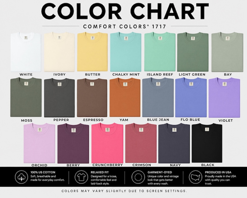 Pu&ograve; includere: Tabella colori di t-shirt Comfort Colors 1717 in vari colori, tra cui bianco, avorio, burro e nero. La tabella mostra i nomi dei colori e caratteristiche come 100% cotone americano e tessuto tinto in capo. Le magliette sono progettate per una vestibilit&agrave; rilassata.