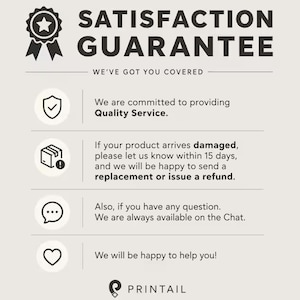 Pu&ograve; includere: Grafica con il testo "SODDISFAZIONE GARANTITA" e la frase "WE'VE GOT YOU COVERED." La grafica include icone e testo su servizio di qualit&agrave;, sostituzione di prodotti danneggiati e assistenza clienti. Il logo Printail &egrave; in basso.