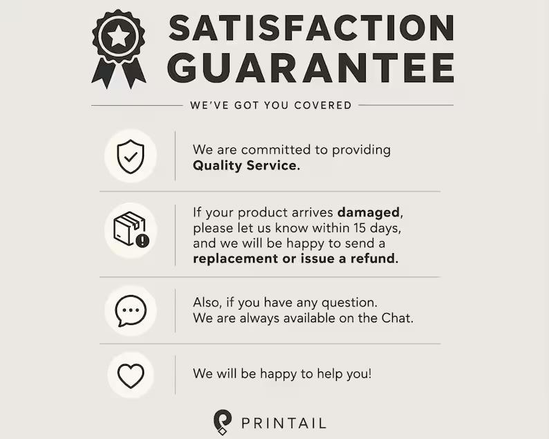Pu&ograve; includere: Grafica con il testo "SODDISFAZIONE GARANTITA" e la frase "WE'VE GOT YOU COVERED." La grafica include icone e testo su servizio di qualit&agrave;, sostituzione di prodotti danneggiati e assistenza clienti. Il logo Printail &egrave; in basso.