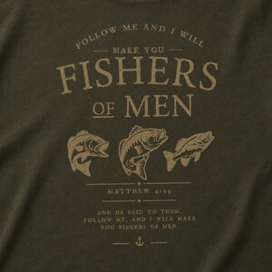 Vintage style Christian fisherman t-shirt mockup featuring Fishers of Men religious graphic, Bible verse typography, fish illustrations and faith-based outdoor apparel.