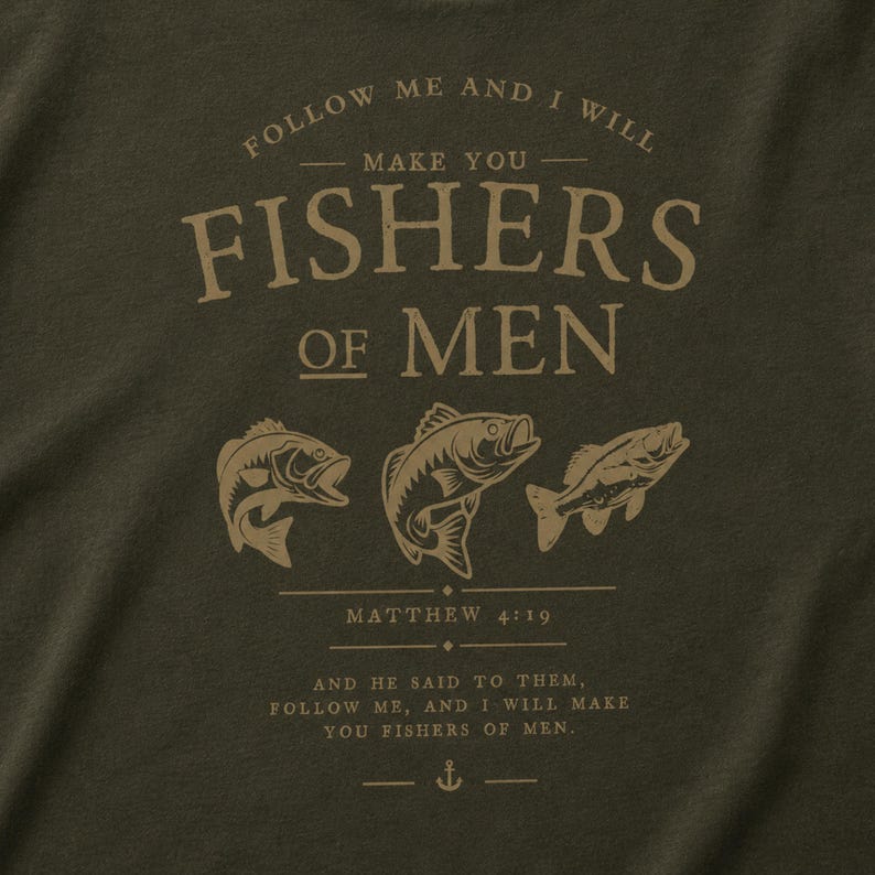 Vintage style Christian fisherman t-shirt mockup featuring Fishers of Men religious graphic, Bible verse typography, fish illustrations and faith-based outdoor apparel.