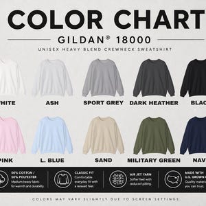 Pu&ograve; includere: Tabella colori delle felpe girocollo unisex Gildan 18000. I colori includono bianco, cenere, grigio sportivo, antracite, nero, rosa, blu chiaro, sabbia, verde militare e blu navy. Sono indicati anche i dettagli del tessuto.