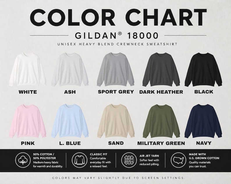 Pu&ograve; includere: Tabella colori delle felpe girocollo unisex Gildan 18000. I colori includono bianco, cenere, grigio sportivo, antracite, nero, rosa, blu chiaro, sabbia, verde militare e blu navy. Sono indicati anche i dettagli del tessuto.