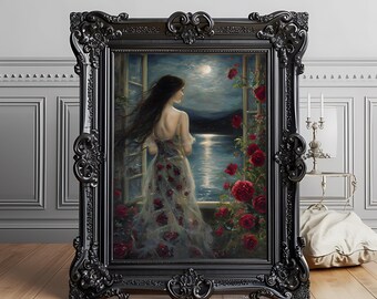 May include: A framed painting depicts a woman gazing out a window at a moonlit lake, surrounded by red roses. The ornate black frame enhances the romantic scene. The woman wears a flowing gown with red rose accents.