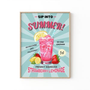 Poster Erdbeeren Limonade | Vintage Werbeschild | Hallo Sommer | Zitronen-Druck | Obst Wand Kunst | Küche Dekor | Limonadenständer | Retro