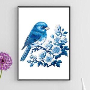 Chinoiserie Bird Print – Bluebird with Floral Design | Elegant Chinoiserie Wall Art | Exotic Bird Artwork | Digital Download