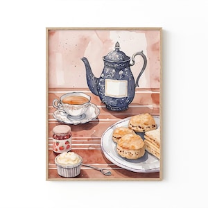 Afternoon Tea Wall Art | Hand-Drawn Teapot & Scones Print | Vintage English Tea Party Kitchen Poster | Cornish Cream Tea | Strawberry Jam