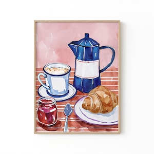 Französischer Frühstückskaffee Kunstdruck | Croissant & Kaffee Küche Poster | Rustikale Café Wanddekoration | Handgezeichnete Morgengebräukunst | Druckbare Kunst
