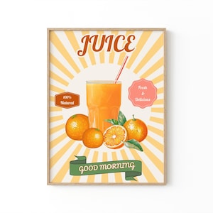 Manifesto pubblicitario di arance / Arte di succo d'arancia vintage / Illustrazione di frutta / Decorazione di un ristorante retrò / Arte di frutta arancione / Decorazione del tavolo della colazione