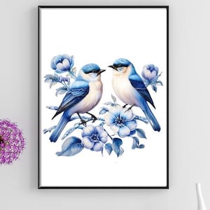 Chinoiserie Bird Print – Elegant Bluebirds with Floral Design | Chinoiserie Wall Art | Exotic Bird Painting | Digital Download