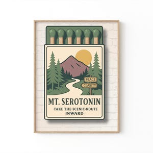 Dreamy Mountain Travel Print - Mt Serotonin Poster, Vintage Matchbox Style, Peace and Clarity Nature Art, Feel Good Pastel Wall Decor
