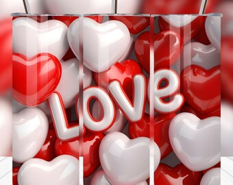 Valentine Hearts Tumbler Wrap, 3D Love Design (20oz Skinny Tumbler PNG Digital Download)