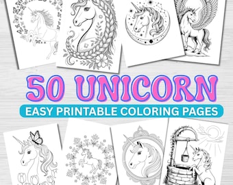 50 Printable Unicorn Coloring Sheets | Simple Bold Line Art for Adults | Relaxing Activity Book
